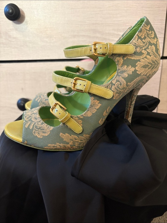 Dolce & Gabbana Shoes - Dolce Gabbana Green Brocade Embroidered Mary Jane Heels with Lime Straps
